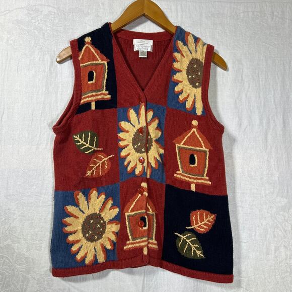 VTG Sweater Vest Medium Hand Embroidered Sunflowers Christopher Banks Cottage - Picture 1 of 8